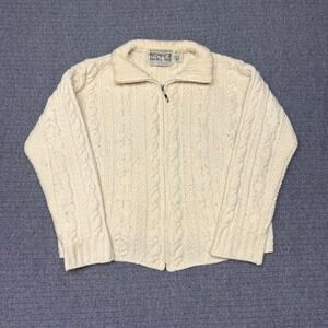 Aran Sweater Market Mens Small Merino Wool Full Zip Cable Knit Cardigan Cream
